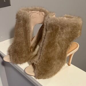 Liliana Tan Faux Fur Open-Toe Heels